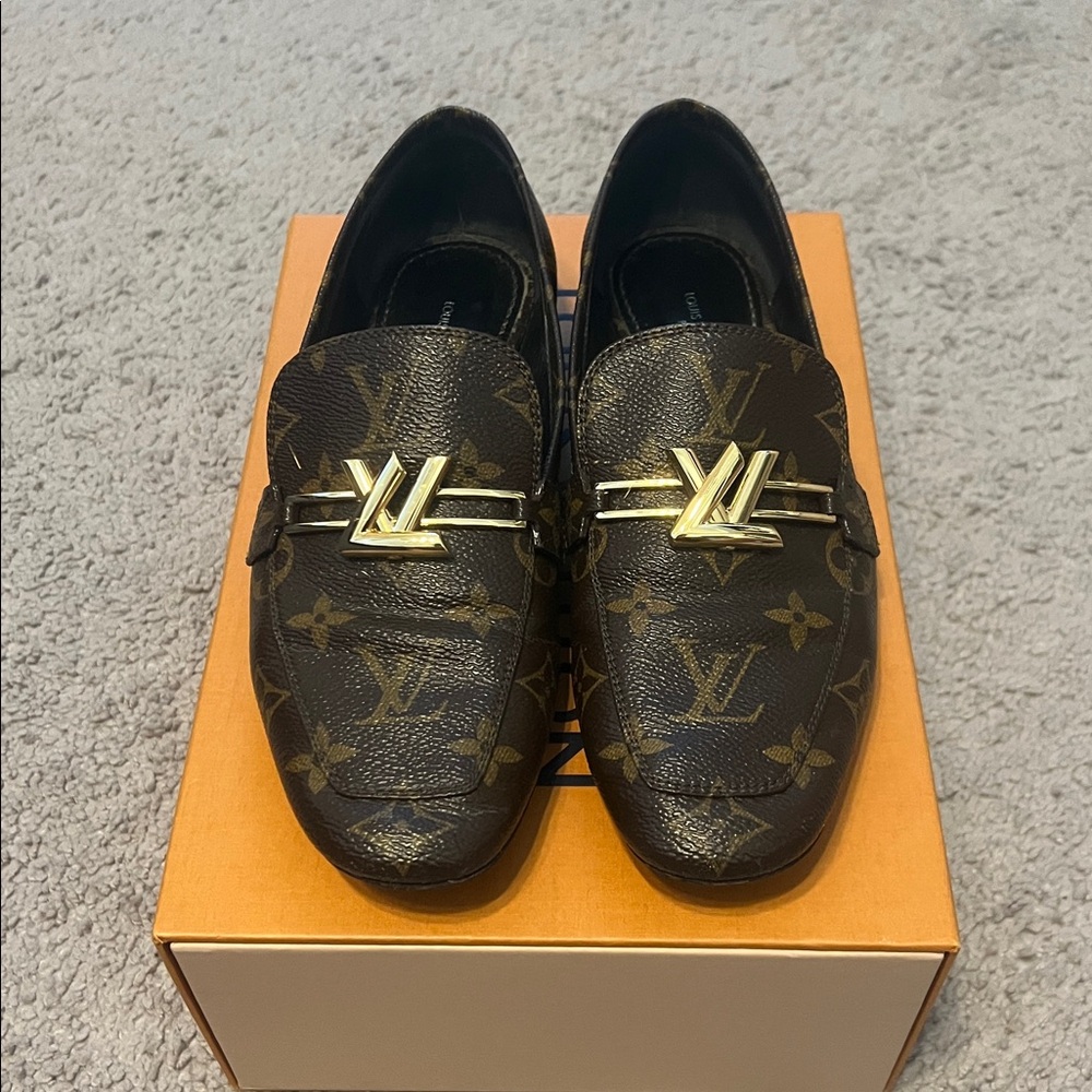 Louis Vuitton Brown Monogram Loafers with Gold Detail